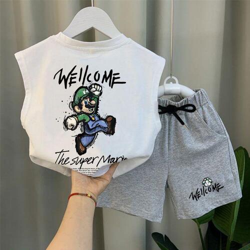 Children's summer clothing set, two-piece child undershirt, sleeveless T-shirt, pure cotton, loose, for little boys in summer.