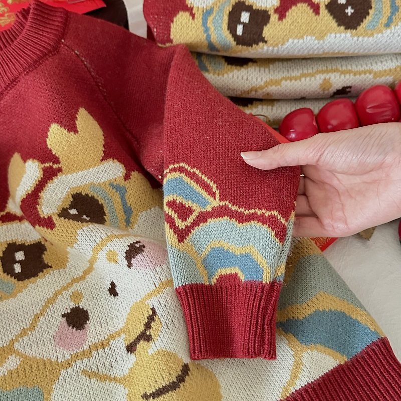 Children's cartoon knitted festive red sweater for men and women
