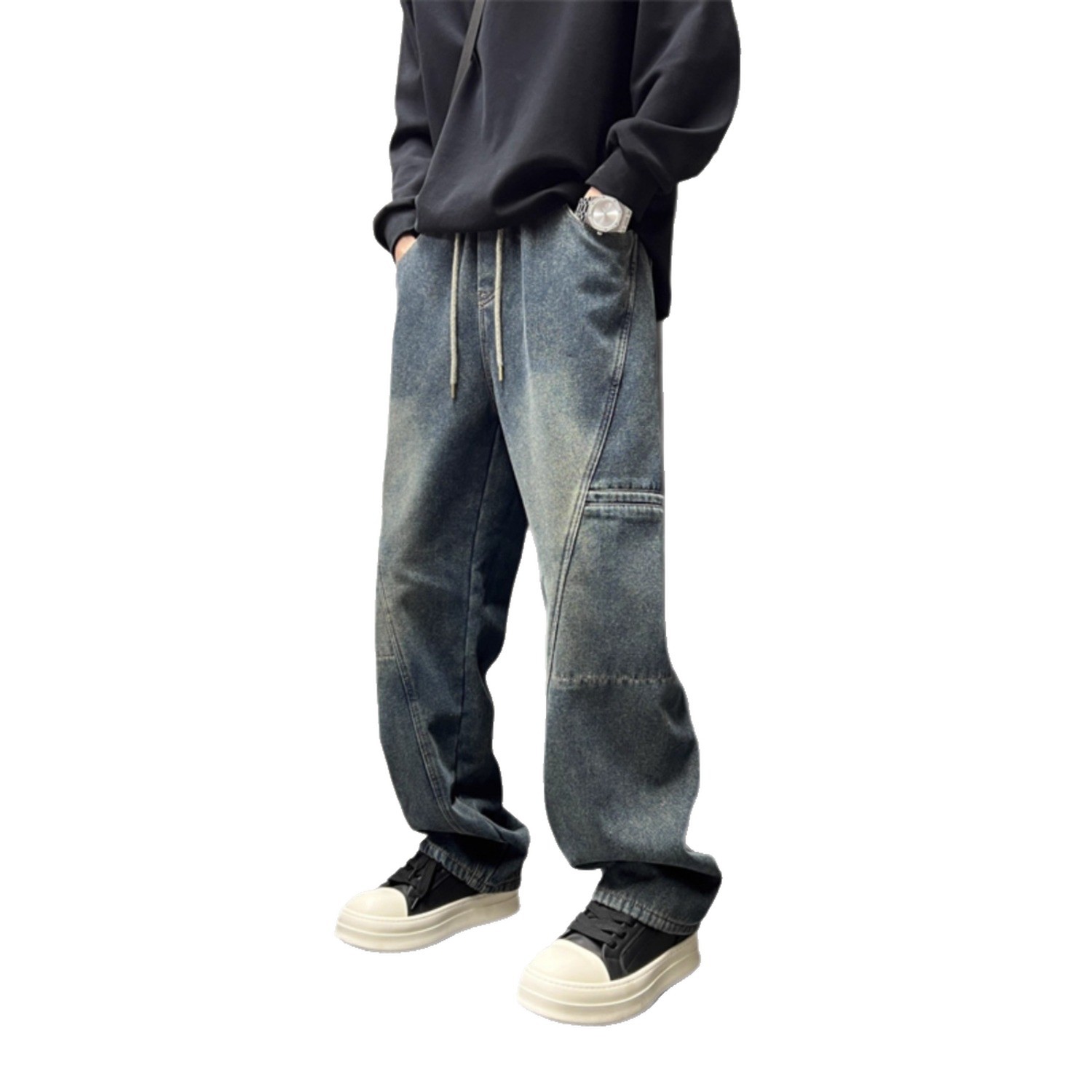 Men's Smoky Gray Washed Retro Straight Leg Jeans Style High Street Loose Fit Trendy Slimming Casual Slightly Flared Trousers_mkmklike.com