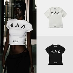 韓国のbadblood bcacシリーズのアメリカのギャルのショートtシャツの女性のカジュアルな小さい大衆の丸首のプリントの上着のファッション