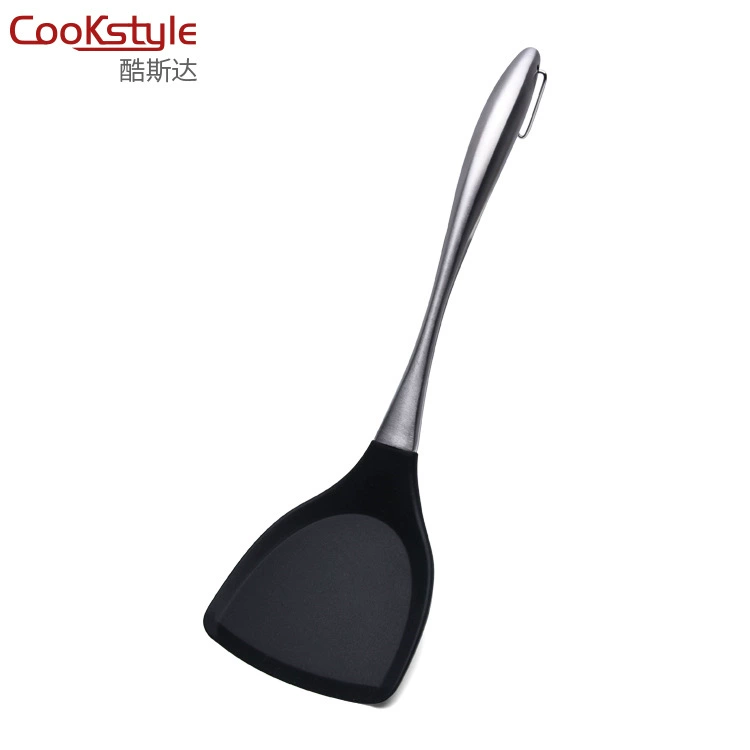Силиконовая кухонная лопатка CookStyle, нержавеющая сталь, усиленная толстая, термостойкая (чёрная)
