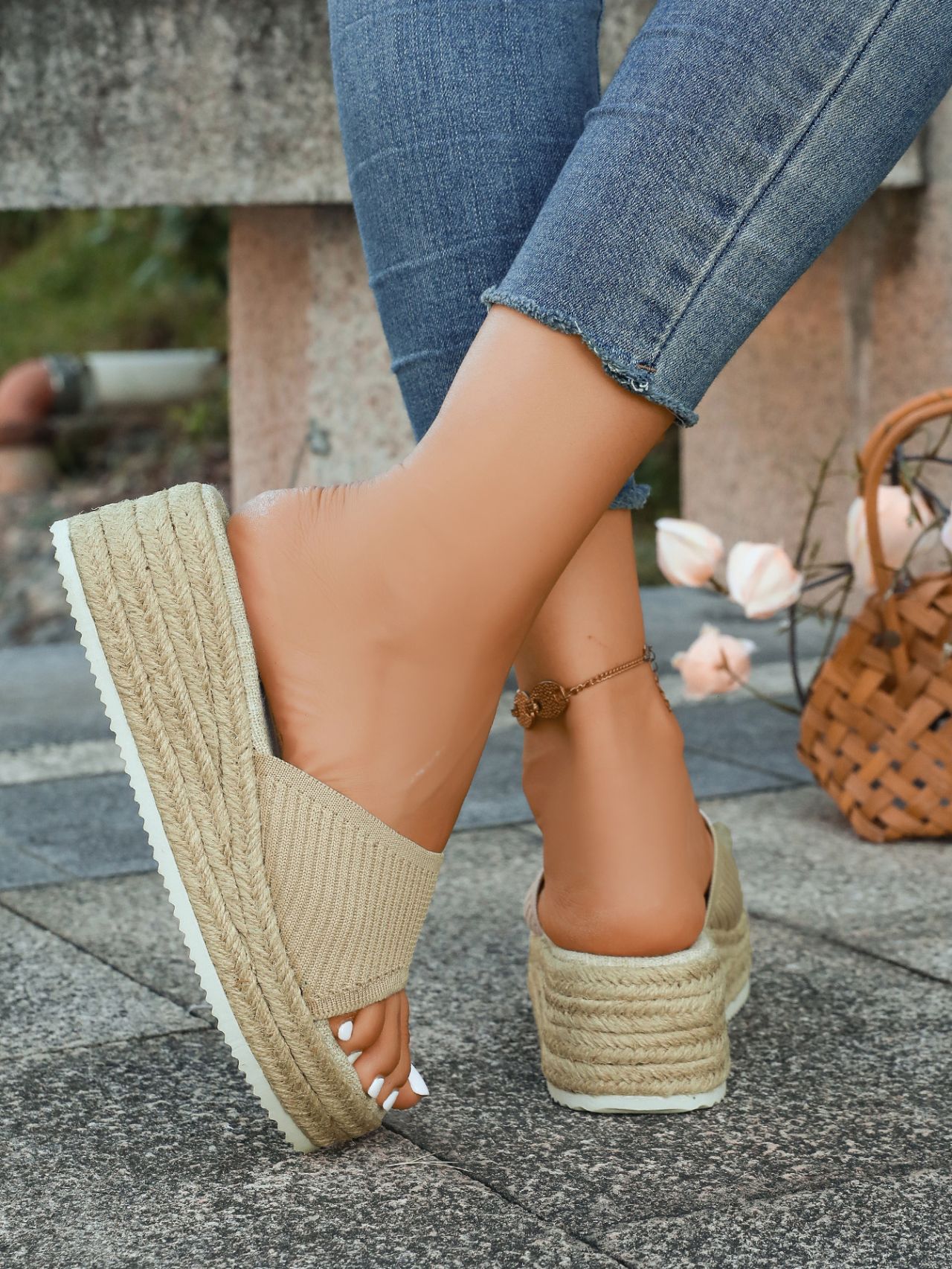 Women's Knitted Wedge Sandals Open Toe Breathable Slip-on Slippers_voghion.com