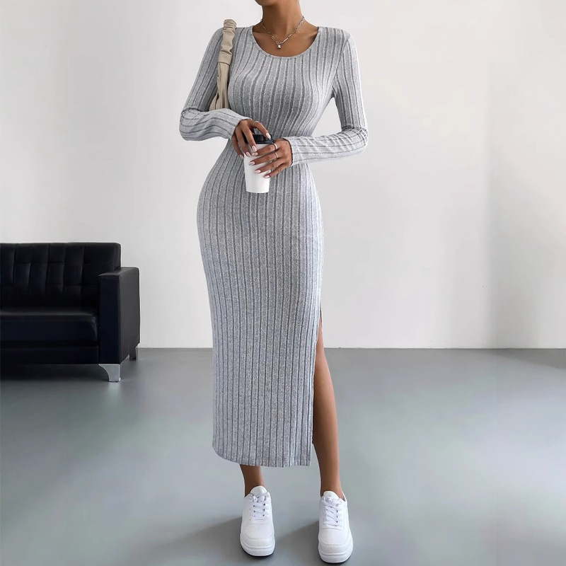 Spot European and American Cross-Border Amazon 2025 Autumn and Winter Long-Sleeved Round Neck Slit Knitted Long Dress for Women