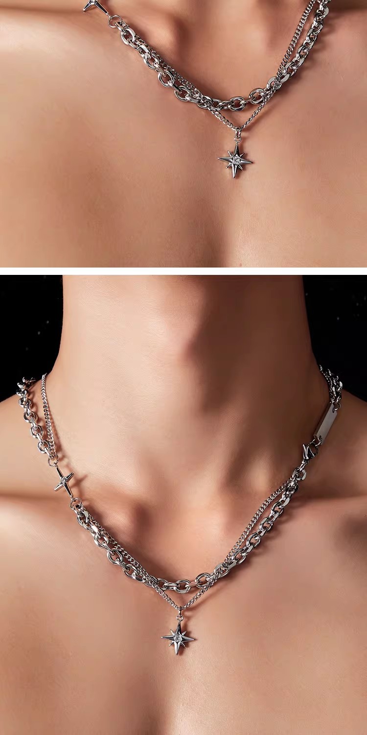 Double Layer Chain Necklace With Cross And Star Pendants For Men_voghion.com