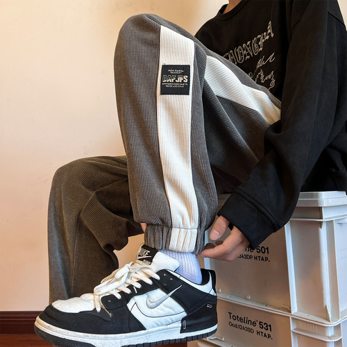 Men's winter velvet pants, teenagers autumn and winter casual pants, winter foot-tied sports pants, corduroy men's pants