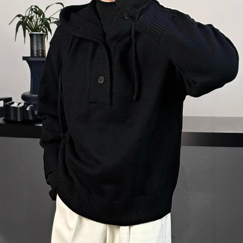 美拉德式爆款潮牌秋冬连帽毛衣半开衫纽扣情侣外穿套头针织衫男女|undefined