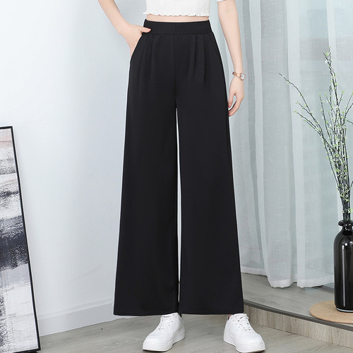  New Wide Leg Pants Spring and Summer Black Nine-Point Casual Pants Stretch High Waist Elastic Pants Pocket Slimming Women's Pants