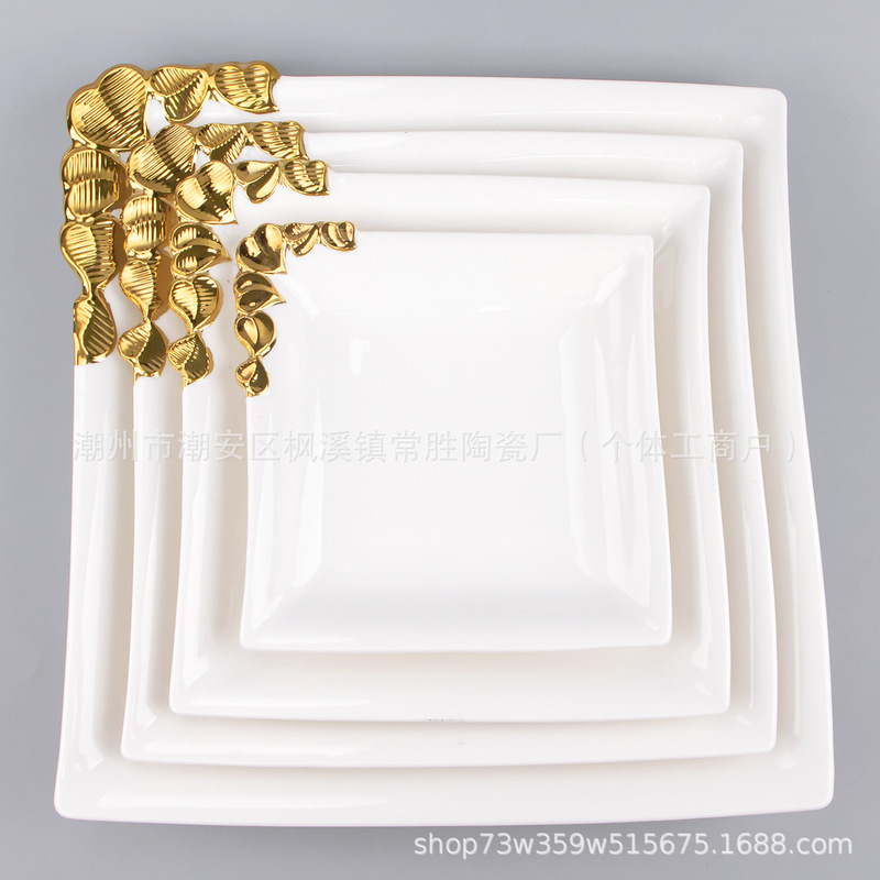 Square Storage Tray, Heart-Shaped Ceramic Plate, Dish Plate, Hotel Tableware, Gold-Plated Set, Embossed Ceramic Plate for Home Use