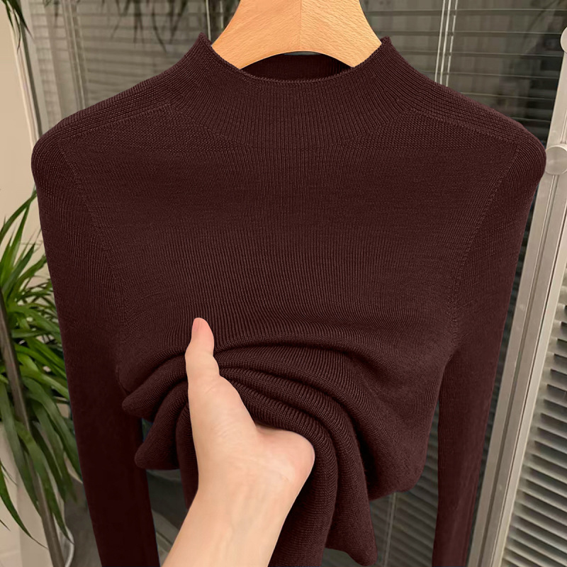 2025 New Autum Slimming Look Long-Sleeved Knitwear Dark Brown Half Turtleneck Inner Bottoming Top for Women 2025 New Autum Slimming Look Long-Sleeved Knitwear Dark Brown Half Turtleneck Inner Bottoming Top for Women