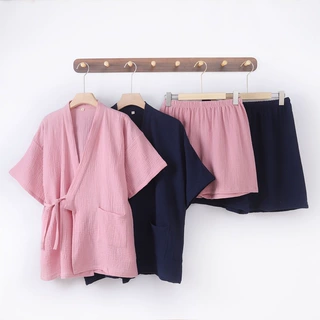情侣夏季棉双层纱布日式和服睡衣女短袖短裤棉绉布开衫纯色系带