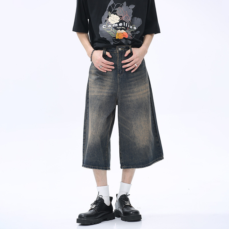 Voguo Relay Wide-Leg 7-Point Jeans Summer Retro Washed Distressed Straight Denim Mid-Pants Men's Shorts