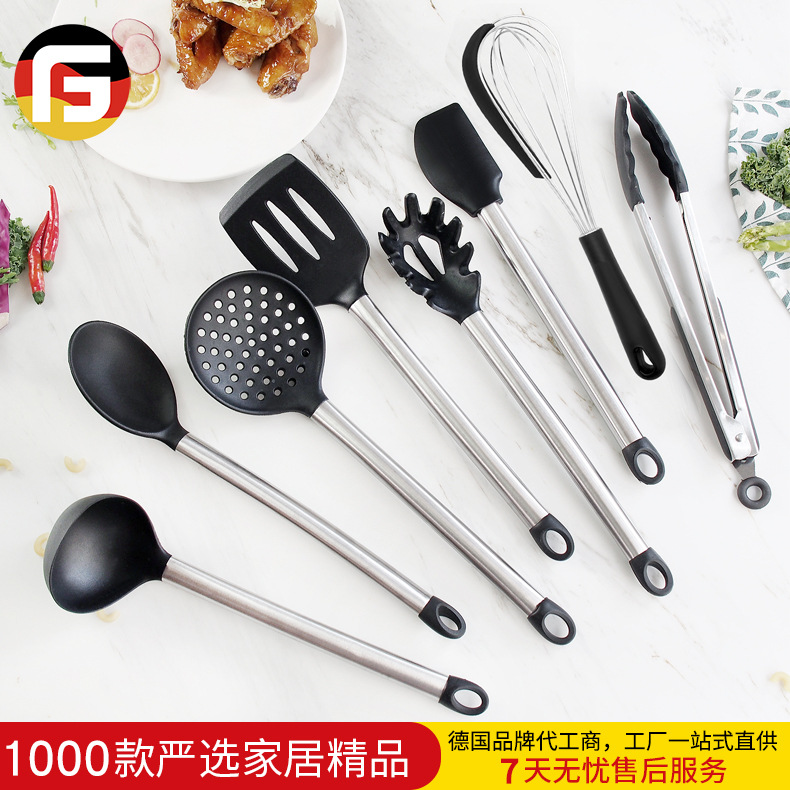 8件套耐高温硅胶厨具不锈钢防滑手柄家用厨房不粘锅套装日用百货