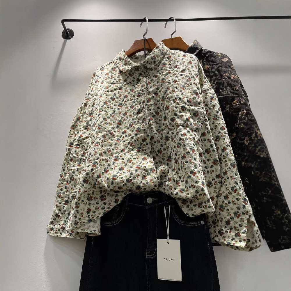 碎花双层棉纱长袖衬衫2025日系森女系甜美娃娃领单排扣百搭上衣女