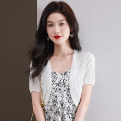アイスニットのカーディガンの女性の薄いショールの夏にスカートのサスペンダーのワンピースの外でブラウスの腰の小さいコートを掛けます。