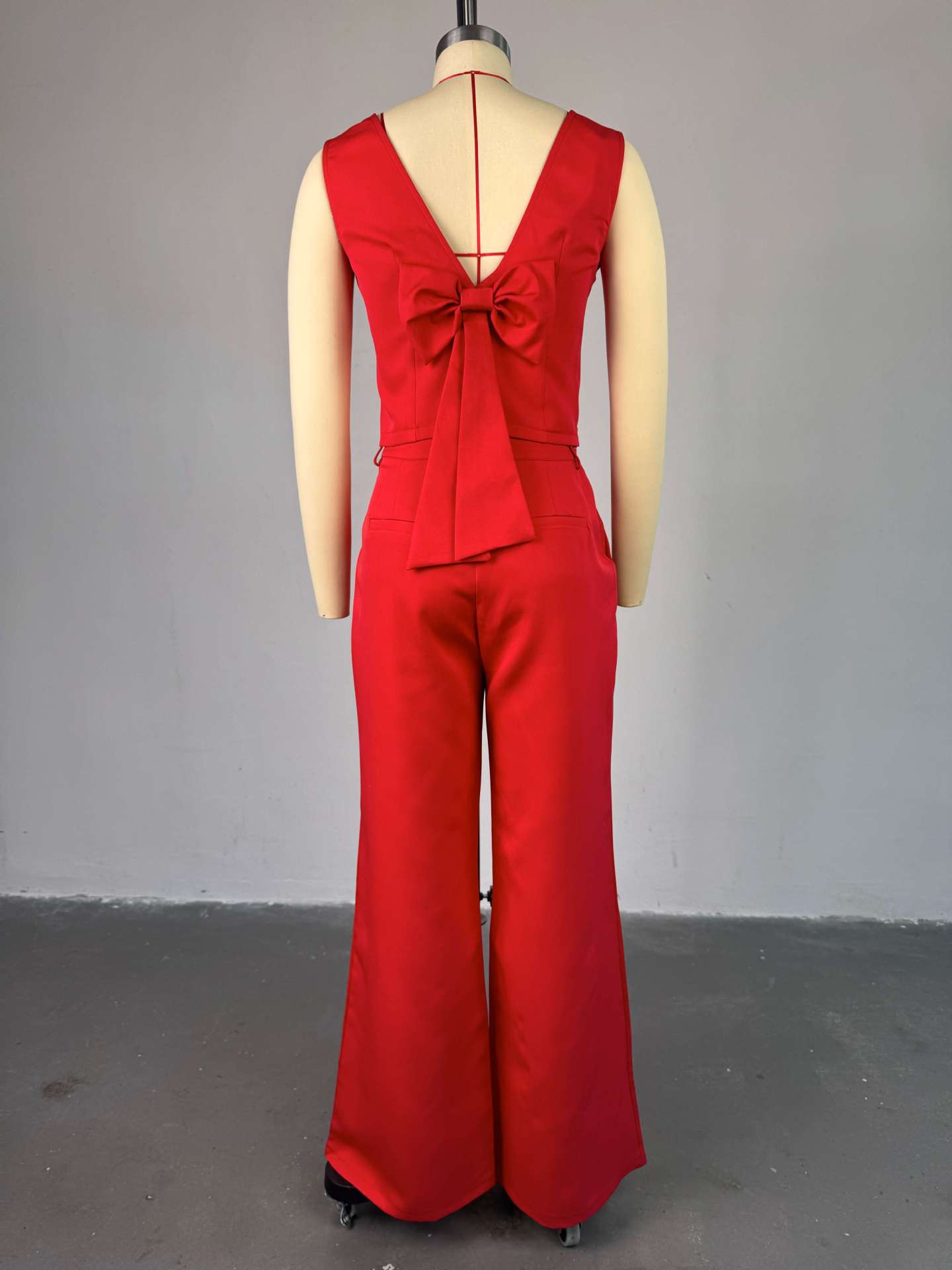 Women Clothing Spring Solid Color Backless Bow Top Wide Leg Trousers Casual Suit