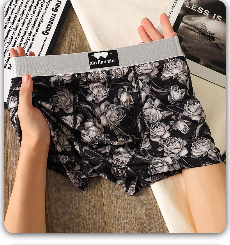Men's Boxer Briefs Ice Silk Mid Waist Trendy Rose Print Trunks_voghion.com
