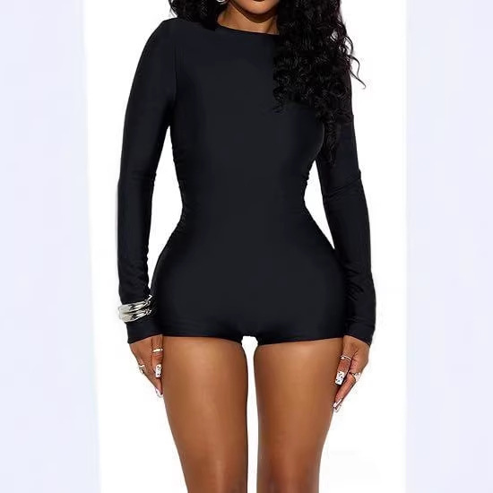 Cross-Border 2025 New Autumn Collection High-Elastic Round-Neck Long-Sleeve Slim-Fit Basic Casual Sports Jumpsuit Shorts