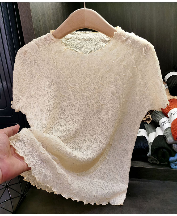 Áo thun ngắn tay xếp ly đính đá giả kim cương thời trang cao cấp — Màu đen, Màu tím nhạt, Màu hồng, Trắng chi tiết 7