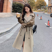 实拍卡其色复古PU皮拼接风衣外套女中长款春秋法式高级感收腰大衣