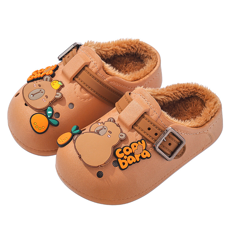 Capibara otoño y invierno zapatillas de algodón para niños, niños, niñas y niñas, calentamiento, terciopelo impermeable, bolsas de tacones de algodón para niños y niños.