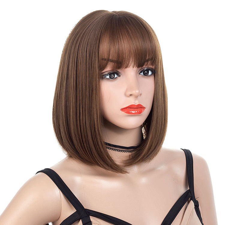 Europeas y estadounidenses peluccas damas marrón franjas cortas y rectas bobobo cabeza de pelo corto fibra química venta directa wig cubierta de cabeza