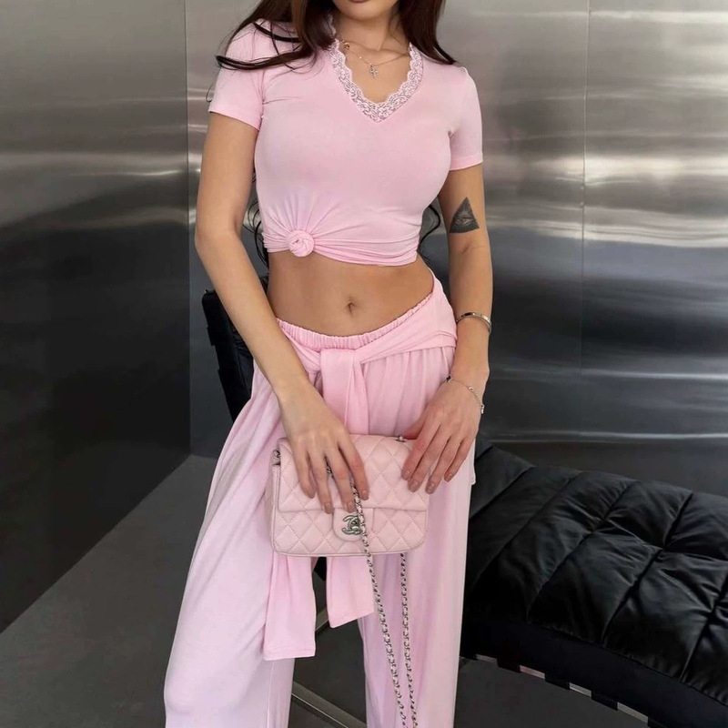 Ins Hot-Selling Russian Cross-Border Women's Knit V-Neck Short-Sleeve T-Shirt and Wide-Leg Pants Set, Two-Piece Comfortable Casual Outfit Ins Hot-Selling Russian Cross-Border Women's Knit V-Neck Short-Sleeve T-Shirt and Wide-Leg Pants Set, Two-Piece Comfortable Casual Outfit