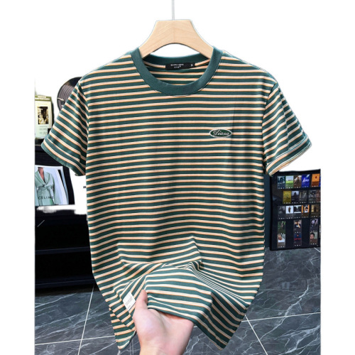 Men's Trendy Short-Sleeve T-Shirt with Ice-Texture Elastic Striped Material - Summer New Arrival Casual Loose Fit Stylish Crew Neck Top