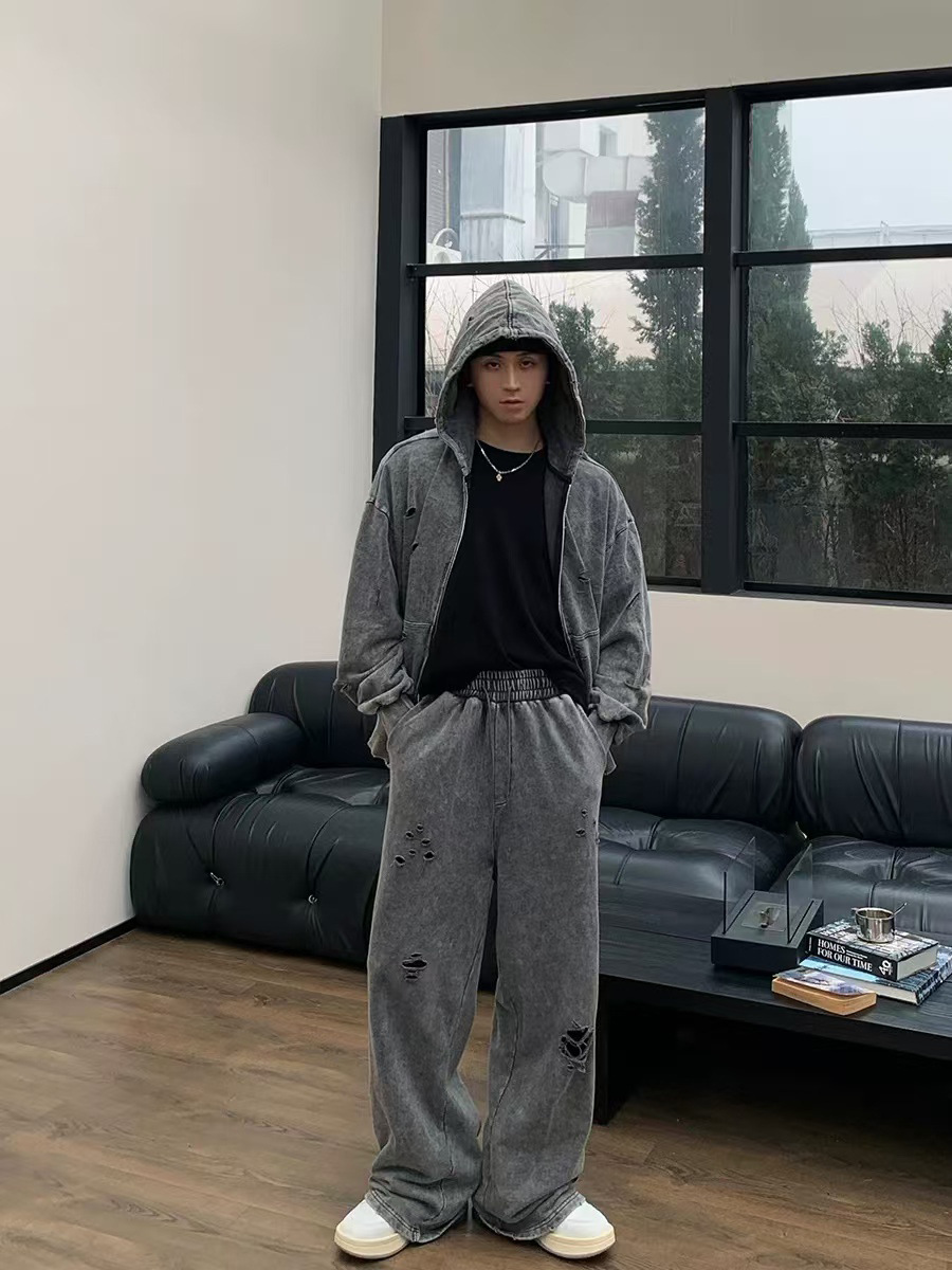 2026 nuevo agujero de algodón de terry jeans para hombre relajado recto casual pantalones deportivos de piernas largas transfronterizos moda americana