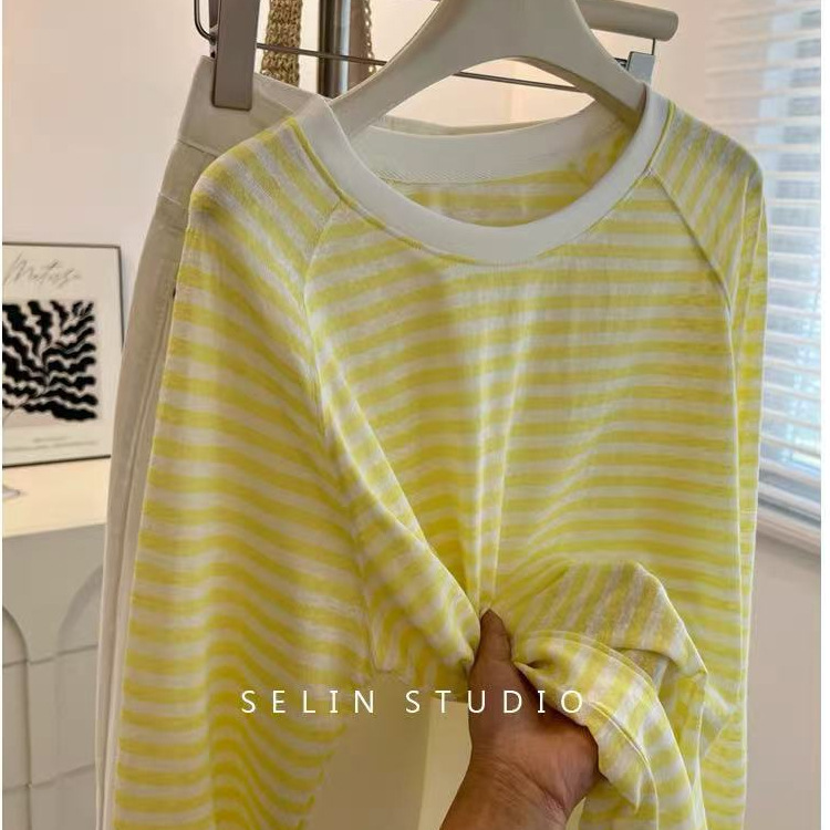 Korean Style White Blue Stripesd Sun Protection Shirt for Women! Easiest for Match Draped Loose Slimming Look Pullover Blouse Long-Sleeved T-Shirt