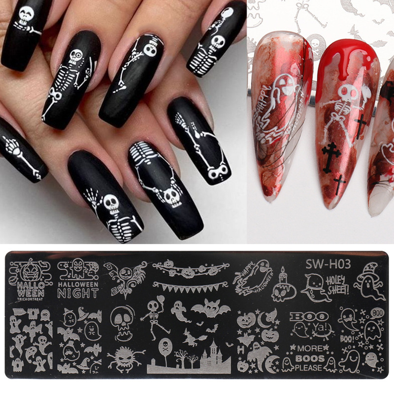 Halloween Nail Art Steel Plate Cross-Border Halloween Skeleton Ins Ghost Negative Space Spider Web Pumpkin Print Template Set