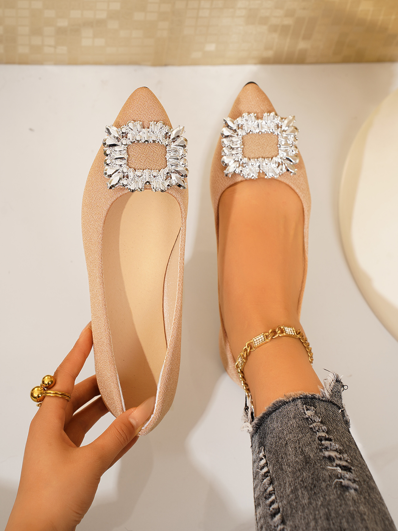 Women's Plus Size Slip-On Flat Shoes Pointed Toe Rhinestone Square Toe Casual Brown PU Spring Season_vogvips.com