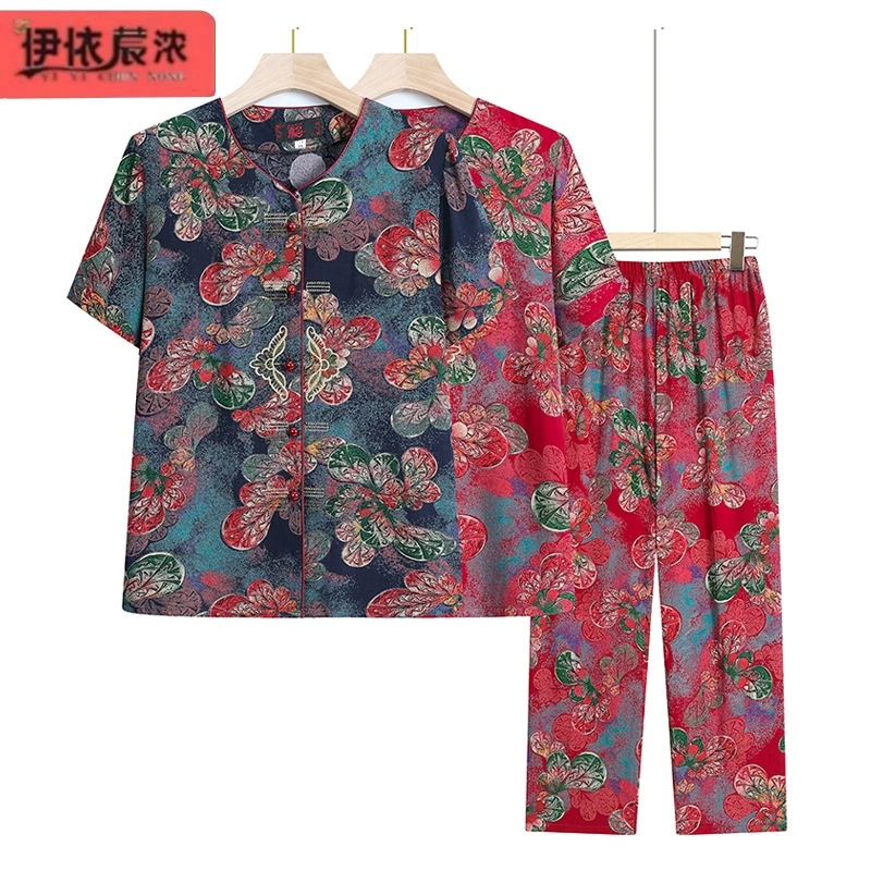 Пожилые женщины летнее платье из шелка с короткими рукавами