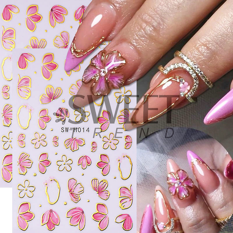 Cross-border New Flower Stickers Spring Cyber Celebrity Phnom Penh Flowers Pink Cherry Blossom Bronzing Ins Adhesive Nail Stickers
