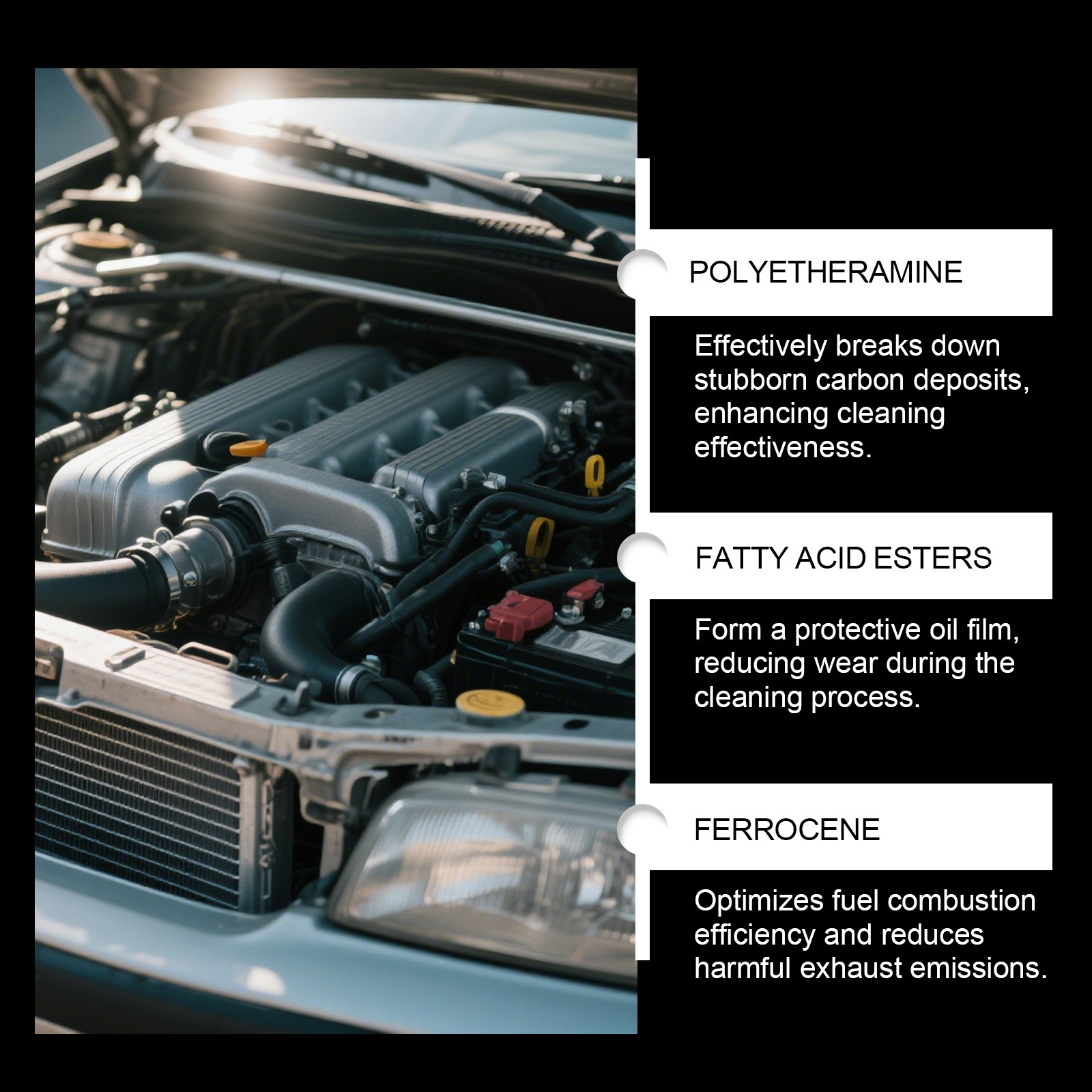 Gasoline fuel additives clean carbon deposits, reduce fuel consumption, protect car engine parts, and serve as a maintenance and cleaning agent