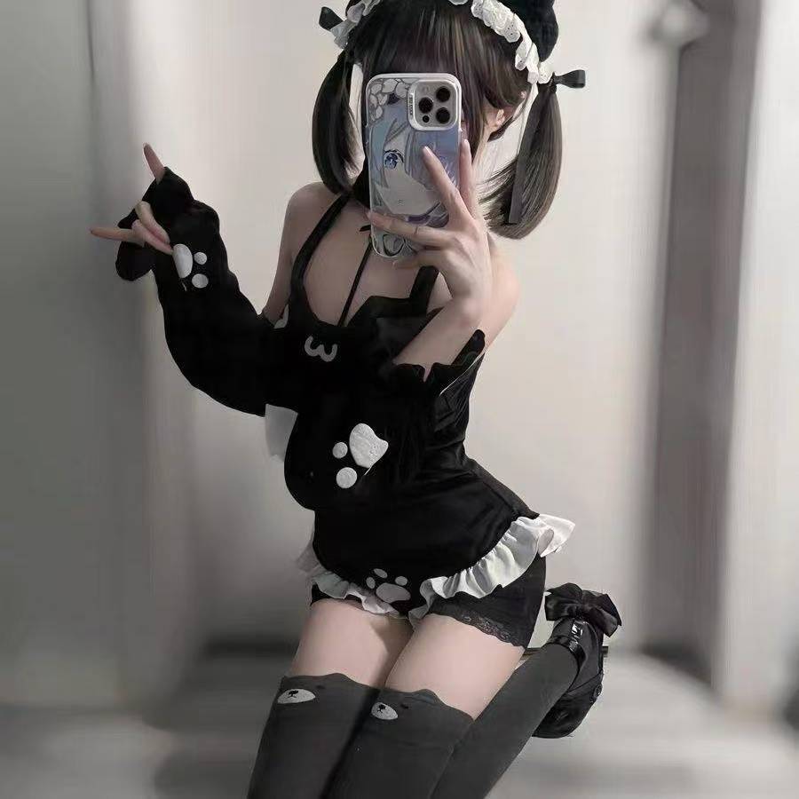 Cat Maid Roleplay Lingerie Jumpsuit, Halter Neck Velvet-look Nylon, One Size Black — detail image 2