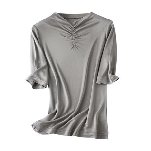 Silk solid color breathable fashionable T-shirt, high collar, plus size, with short sleeve