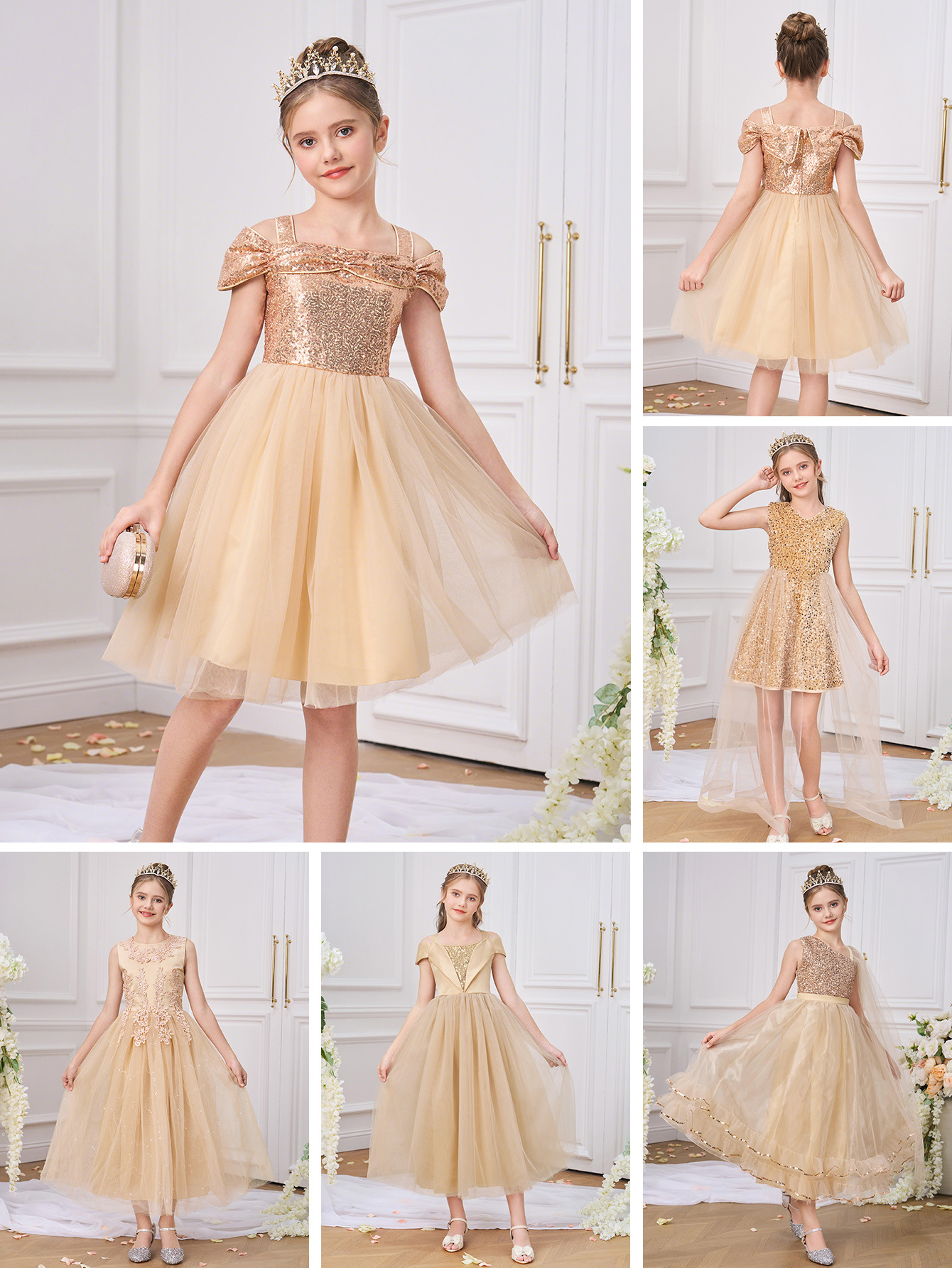 Nuevo vestido transfronterizo para niños grandes, vestido de champán, vestido de niña, vestido de princesa de malla de lentejuelas, vestido sin mangas, verano
