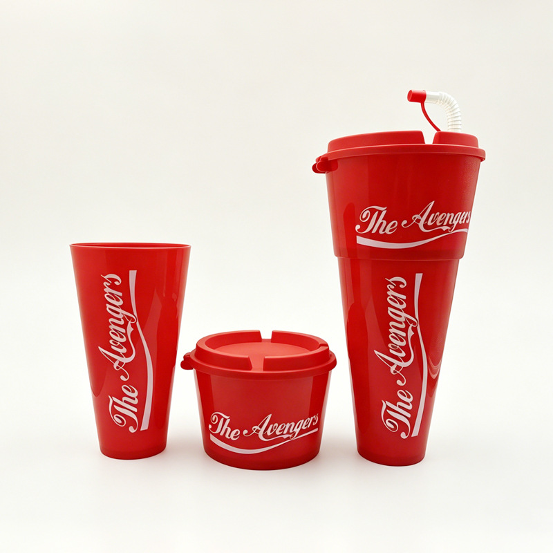 Disposable plastic trendy large cola cup for cinema and amusement park attractions, popcorn bucket with layers and straw