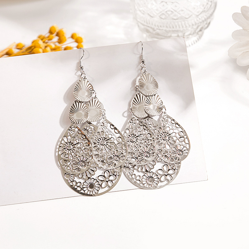 Cruz-frontera hueco metal multi-capa hoja pendientes vintage estilo étnico gota de agua ronda geométrica borla pendientes al por mayor