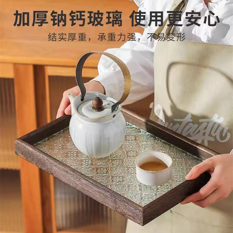 Retro Begonia flor bandeja de vidrio rectangular plato de madera japonés postre taza bandeja de almacenamiento Kung Fu bandeja de té de la tarde