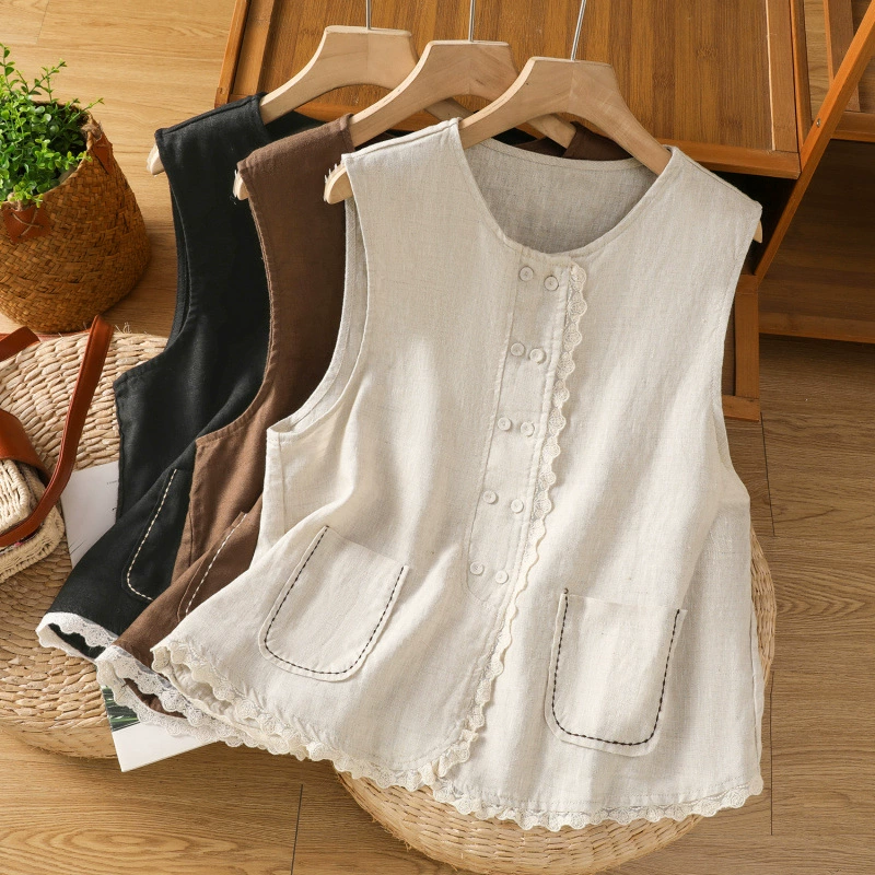 Настоящий японский свежий льняной жилет женский весенне-летний новый деревянный грив с вышивкой без рукавов кардиган