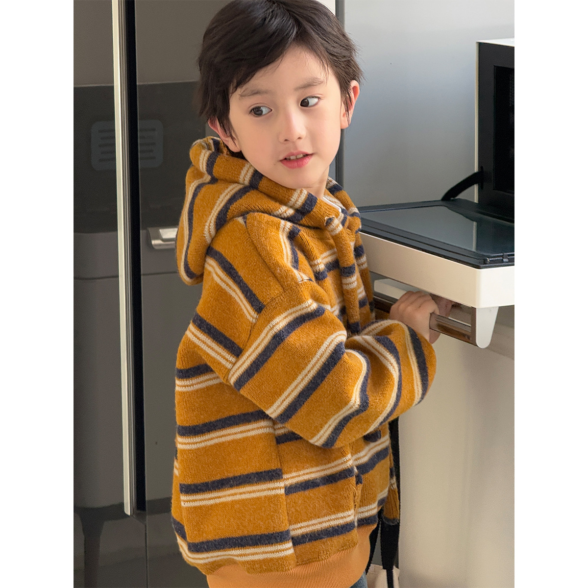 Autumn Korean style fashionable retro color-blocked striped children's long-sleeved casual loose hooded sweatshirt for boys and girls, versatile style