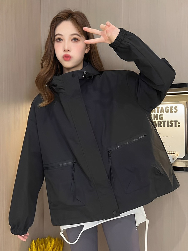 连帽冲锋衣女小个子防风棒球服短外套开春夹克上衣女百搭工装风衣|undefined