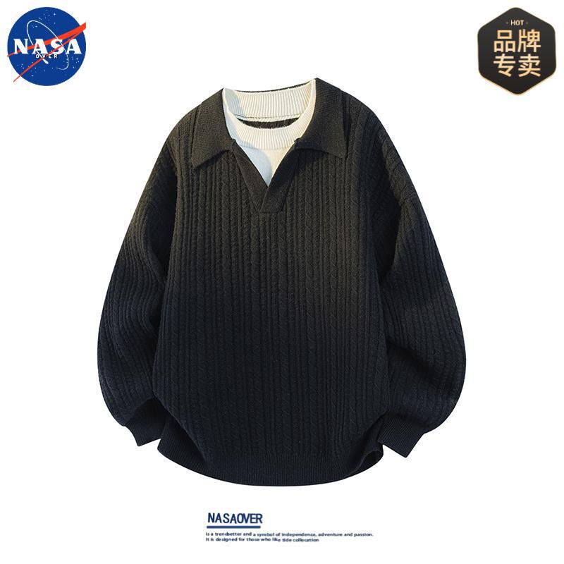 NASA品牌秋冬季高级感假两件长袖POLO毛衣男士休闲宽松纯色针织衫|undefined