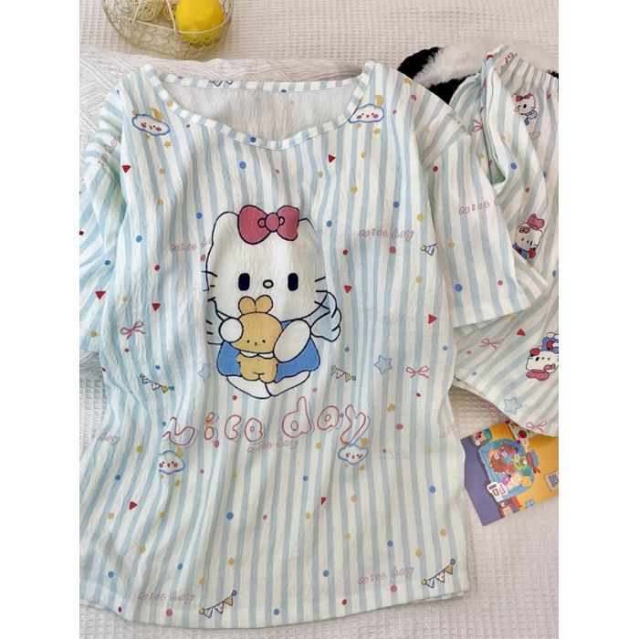 Venta al por mayor transfronteriza de verano con almohadilla para el pecho pijamas pantalones cortos de manga corta para mujer, lindo traje de servicio a domicilio coreano, nube de algodón