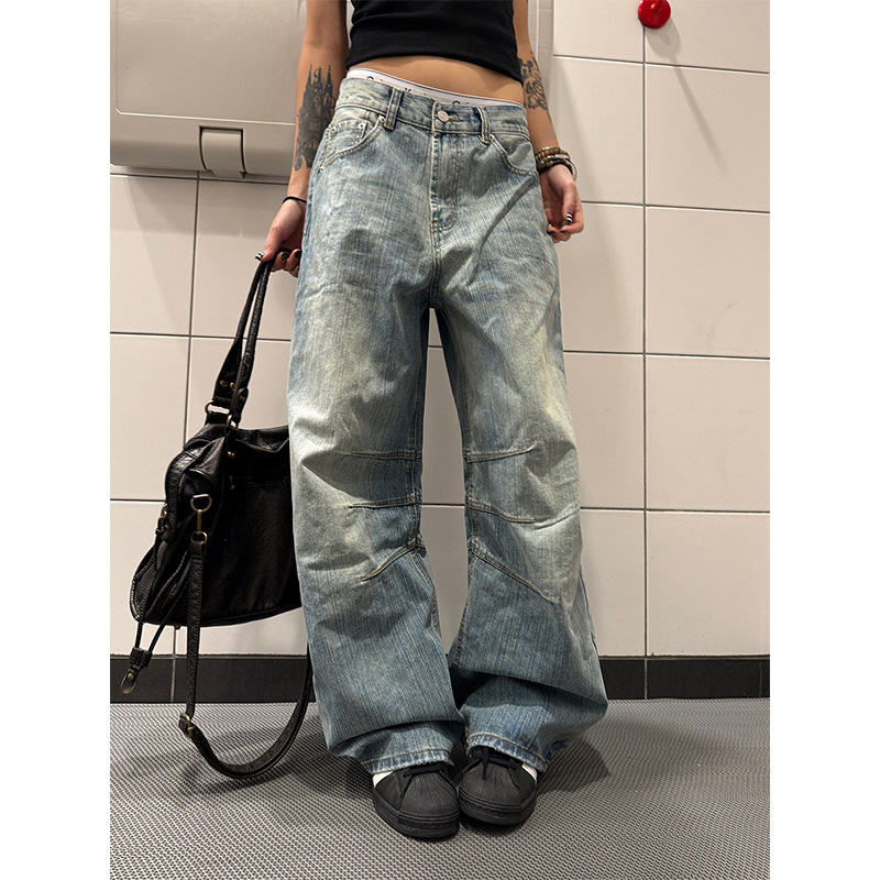 F383 2025美式复古竹节纹弯刀牛仔裤纹理感cleanfit褶皱长款男女