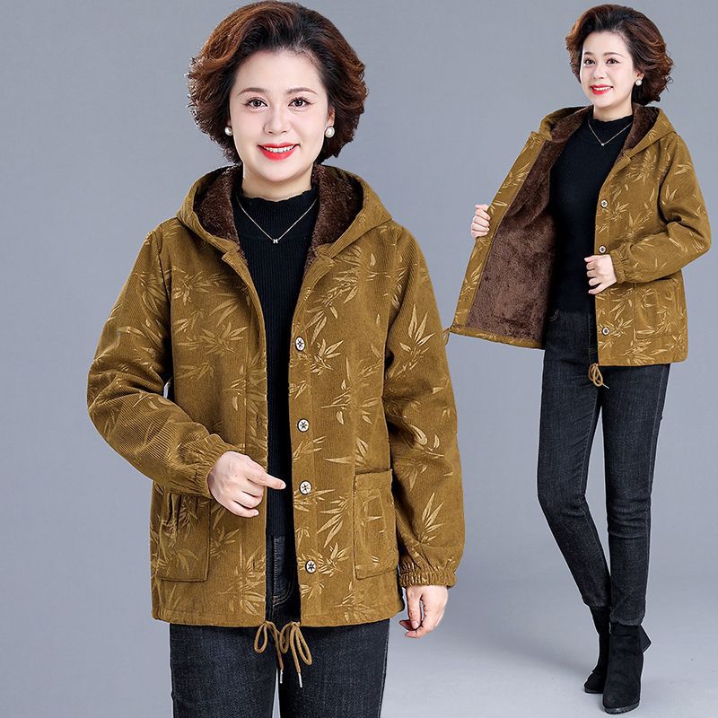 Mother's autumn and winter fleece-lined coat, stylish cotton jacket, fashionable hooded short coat for middle-aged and elderly women, winter plus-size thick cotton coat