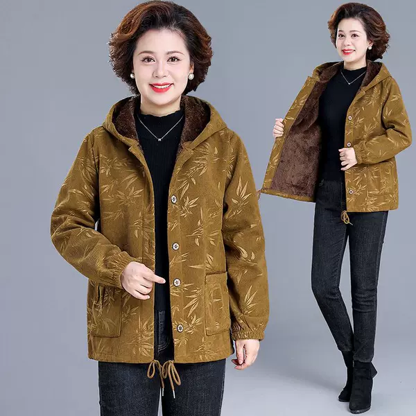 Mother's autumn and winter fleece-lined coat, stylish cotton jacket, fashionable hooded short coat for middle-aged and elderly women, winter plus-size thick cotton coat