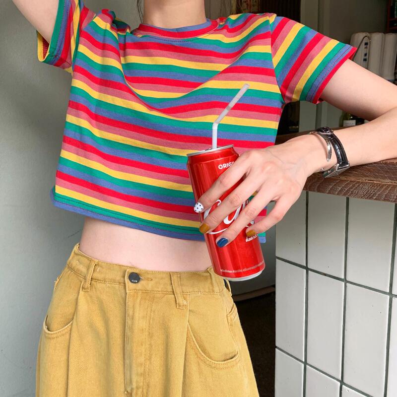 Super Popular cec Loose Rainbow Striped Short-sleeved T-shirt Women's Instagram Popular 2021 New Summer Short Short-sleeved T-shirt Top