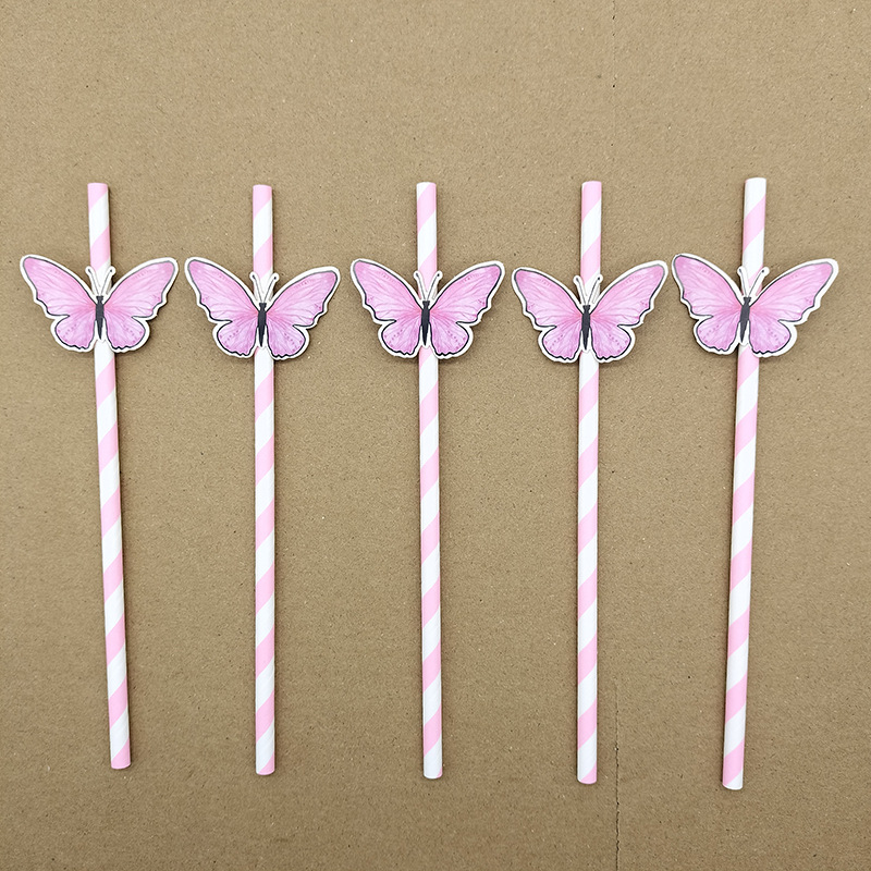 Papel tarjeta mariposa paja de papel desechable degradable paja de papel bar postre fiesta té leche paja decoración